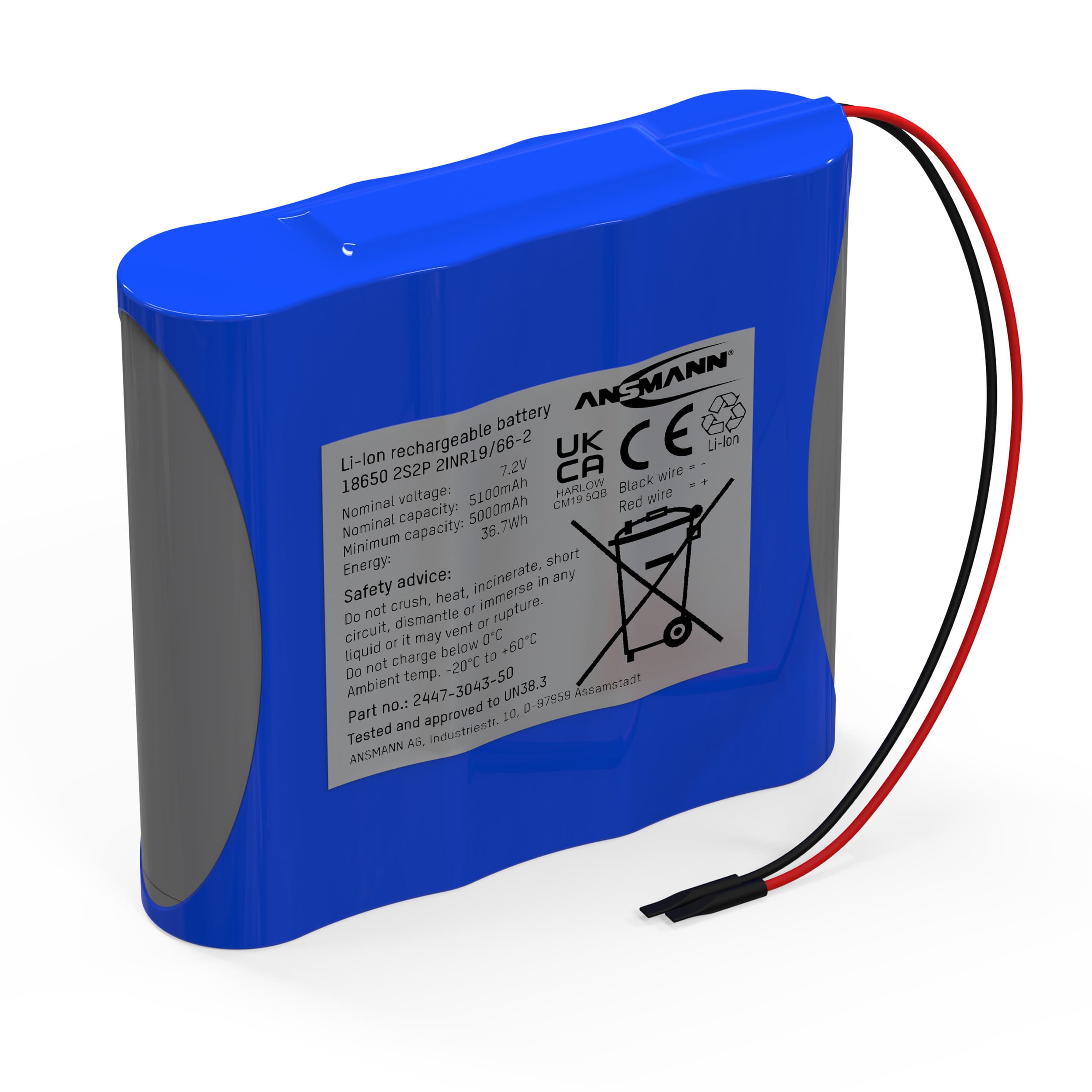 Batterie lithium-ion 7,2 V/5100 mAh/2S2P, idéale pour les applications mobiles