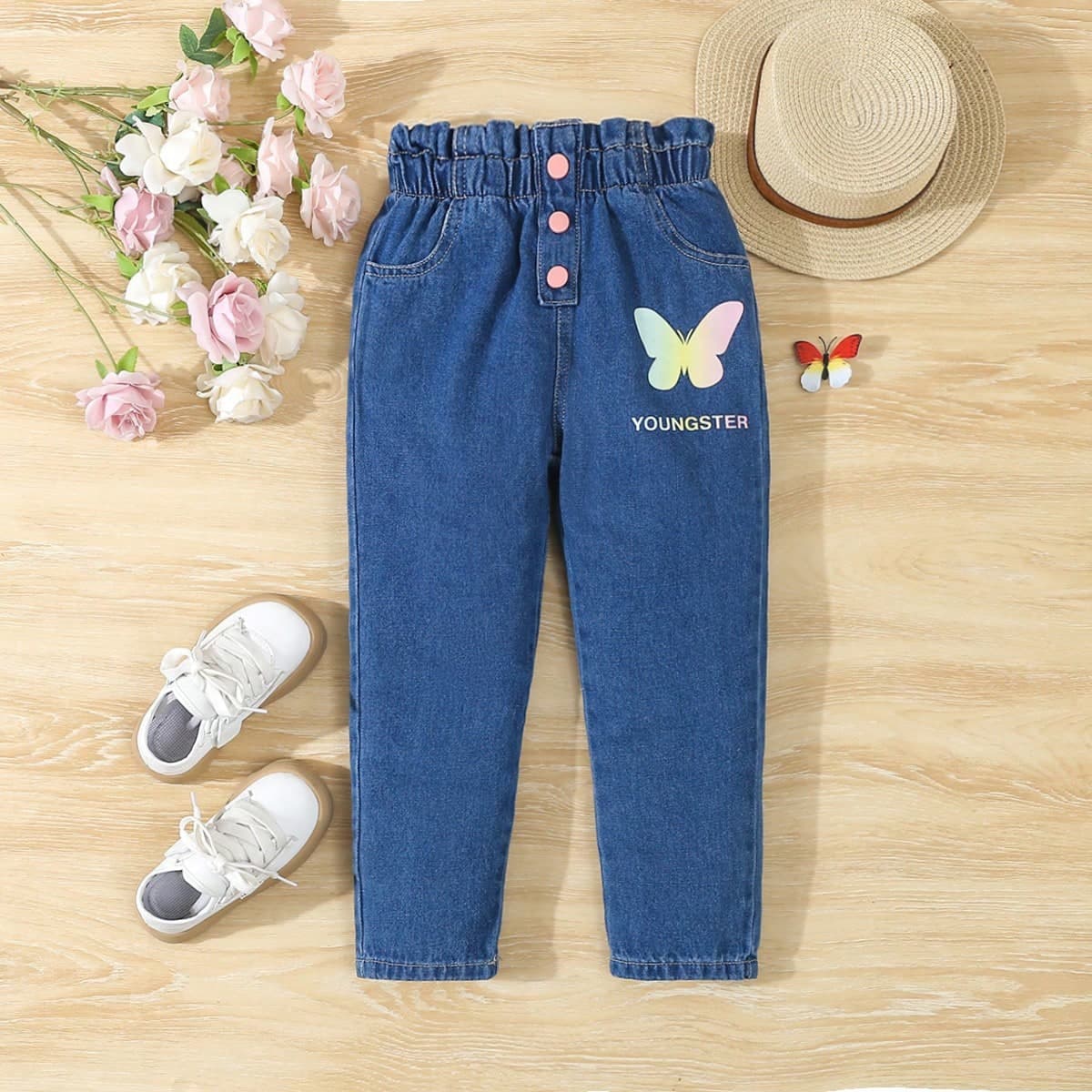 Jeans fuselÃ©s occasionnels imprimÃ©s de lettres et de papillons pour jeune fille avec poches insÃ©rÃ©es